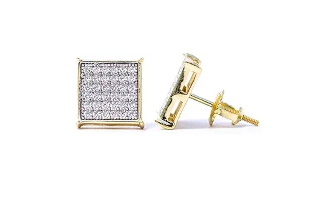 Mens 925 Sterling Silver 14K Gold Plated CZ Iced Kite Square Earrings 10mm